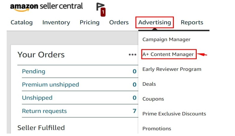 Click adveristing to access A+ Content Manager